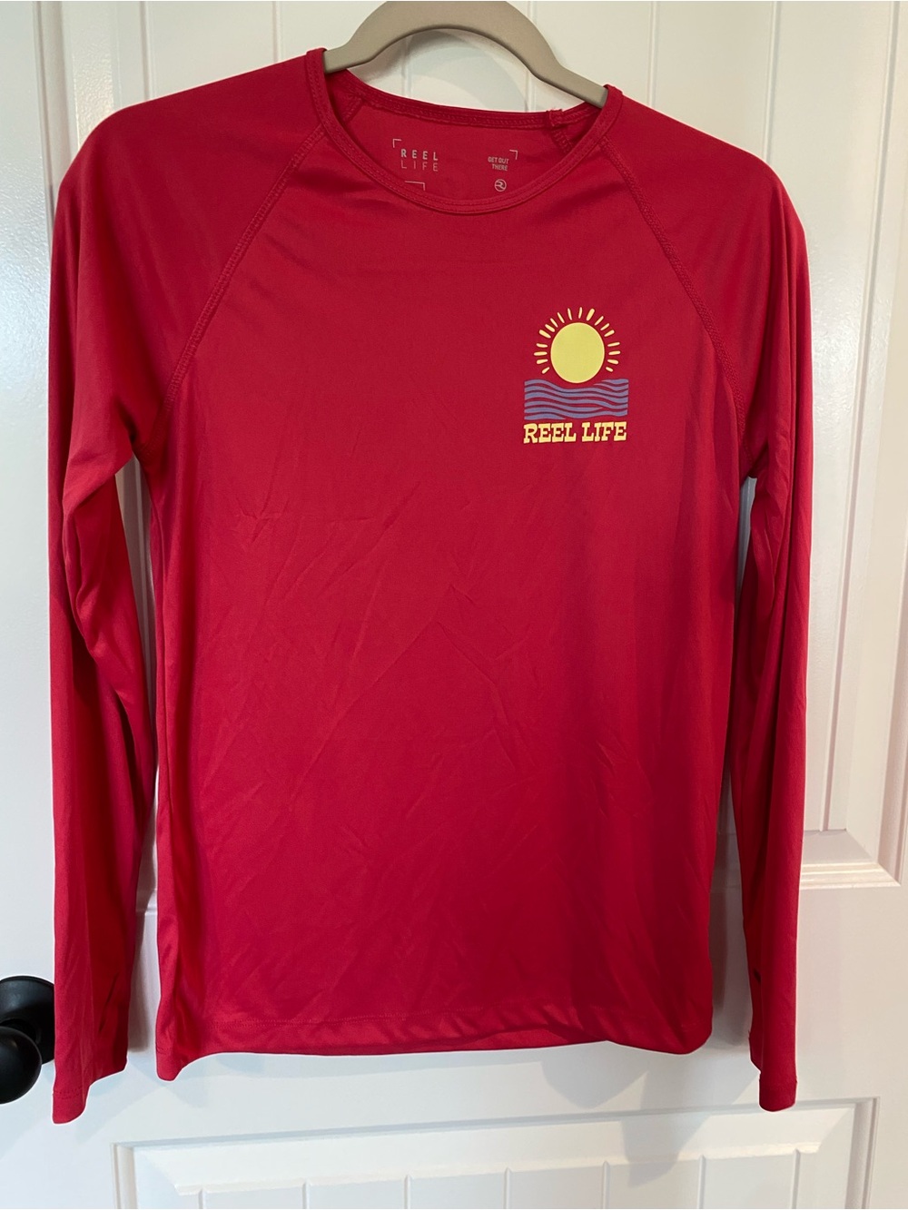 Reel Life Women's Red Long-Sleeve Graphic Tee - Sun Wave Logo